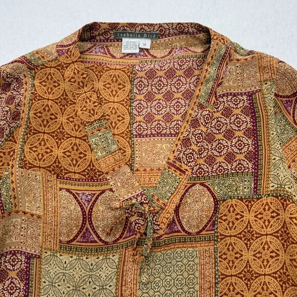 VTG Isabella Bird 100% Silk Popover Top Patchwork Print Boho Retro Size Medium - Picture 2 of 10